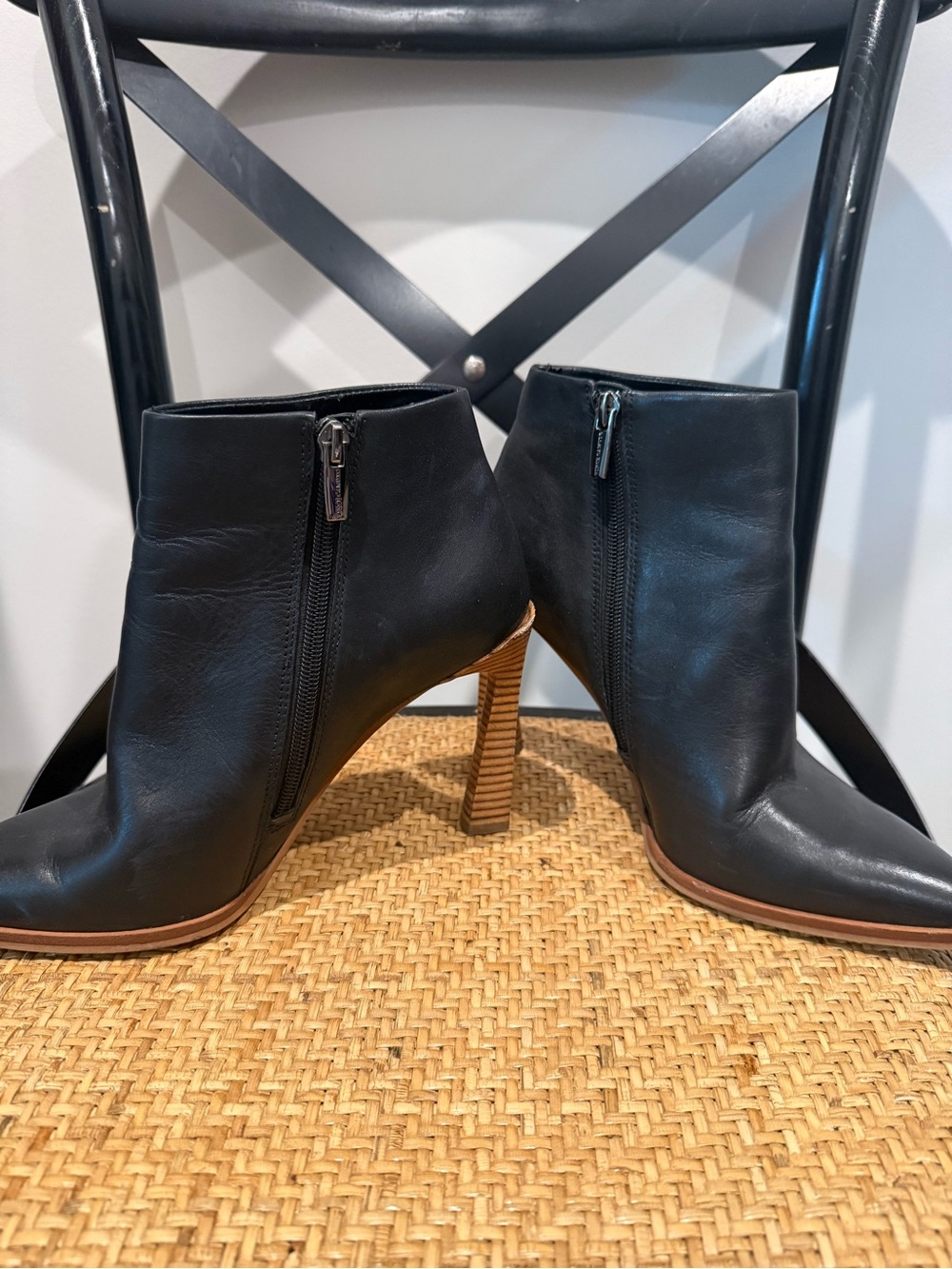 Vince Camuto Pezlee Black Leather Pointed Ankle Boot with Stacked Brown Heel - Picture 3 of 6